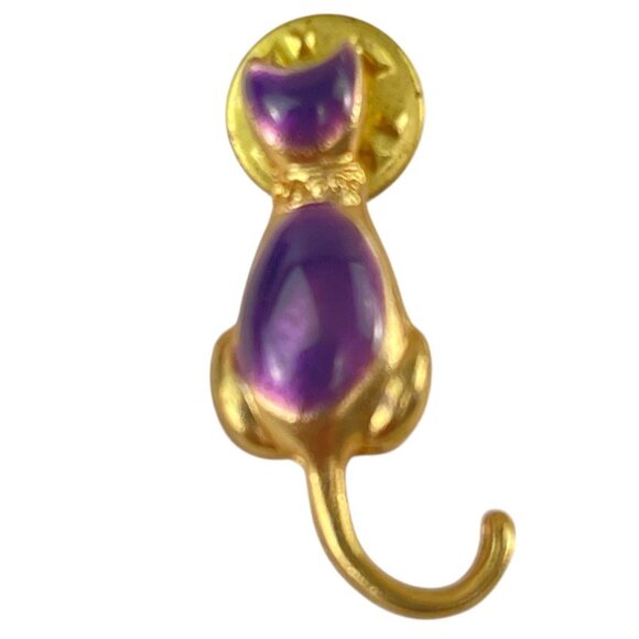 Gold-Tone Purple Cat Brooch Pin With Glossy Finish & Tail Accent - Picture 2 of 7